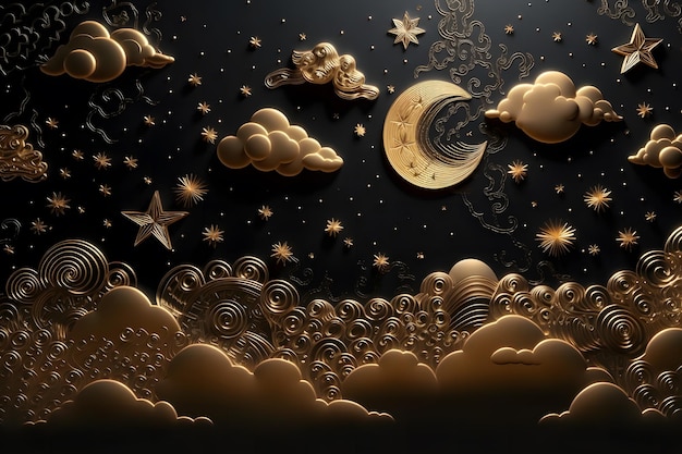 Ilustração preta e dourada do céu noturno com lua e nuvens Rede neural gerada por IA