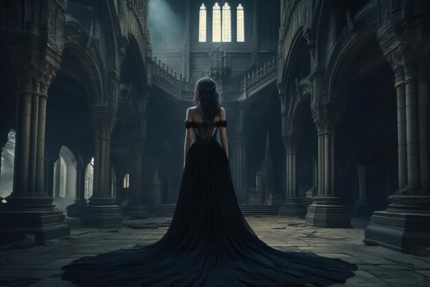 Foto ilustração princesa de fantasia em vestido bonito e castelo gótico mágico em fundo generativa ai mulher rainha silhueta saia longa de trem.