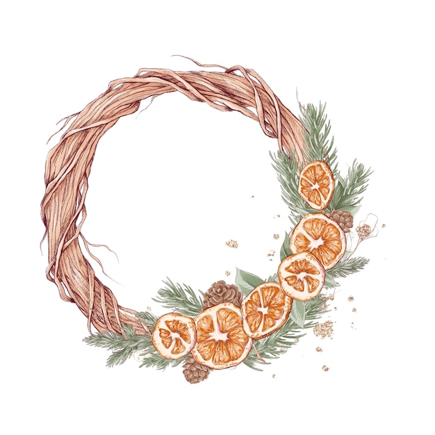 Ilustração quadro de Natal de flores de inverno poinsétia algodão e laranja