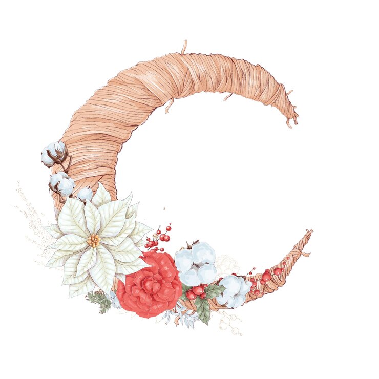 Foto ilustração quadro de natal de flores de inverno poinsétia algodão e laranja