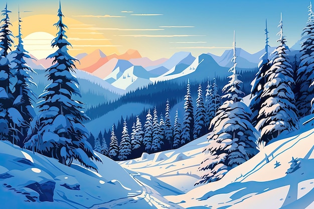 Ilustração radiante de uma cena de montanha de inverno