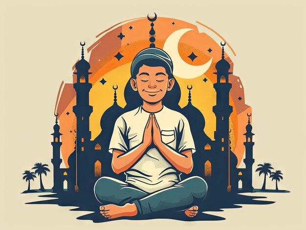 Ilustração Ramadan um homem muçulmano está orando na frente da mesquita