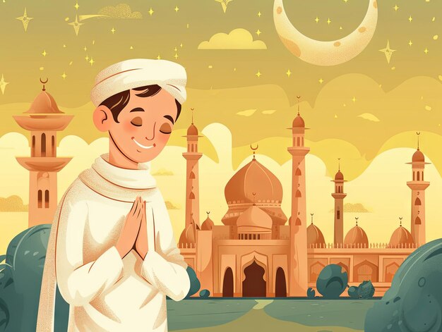 Ilustração Ramadan um homem muçulmano está orando na frente da mesquita