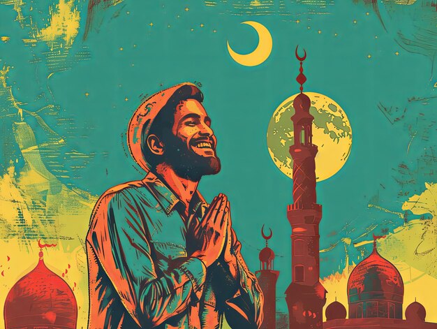 Ilustração Ramadan um homem muçulmano está orando na frente da mesquita