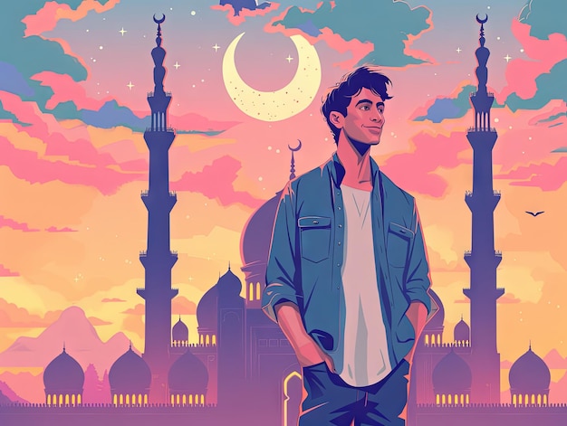 Ilustração Ramadan um homem muçulmano está orando na frente da mesquita