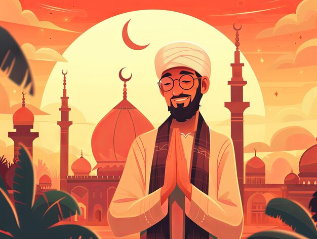 Ilustração Ramadan um homem muçulmano está orando na frente da mesquita