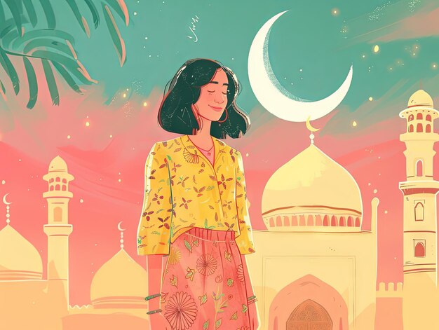 Foto ilustração ramadan uma mulher muçulmana está de pé em frente à mesquita