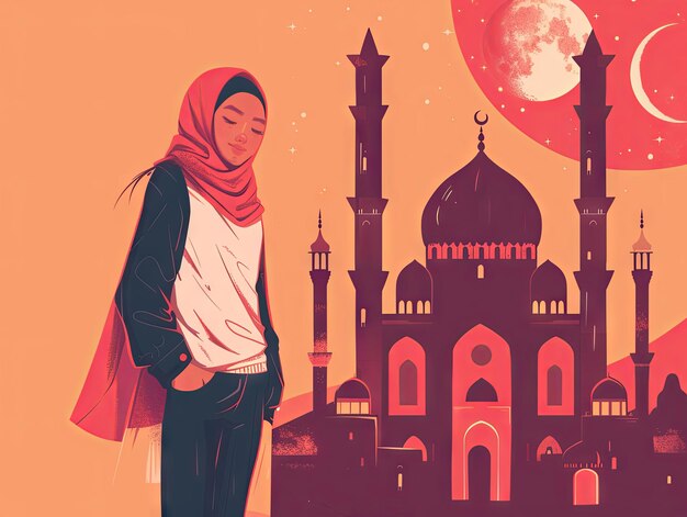 Foto ilustração ramadan uma mulher muçulmana está de pé em frente à mesquita