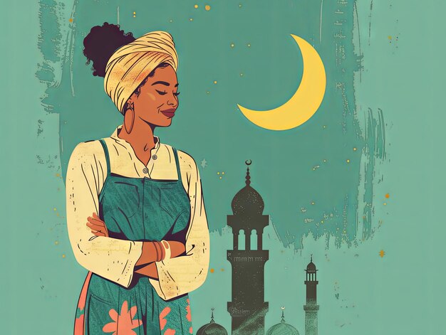 Ilustração Ramadan uma mulher muçulmana está de pé em frente à mesquita