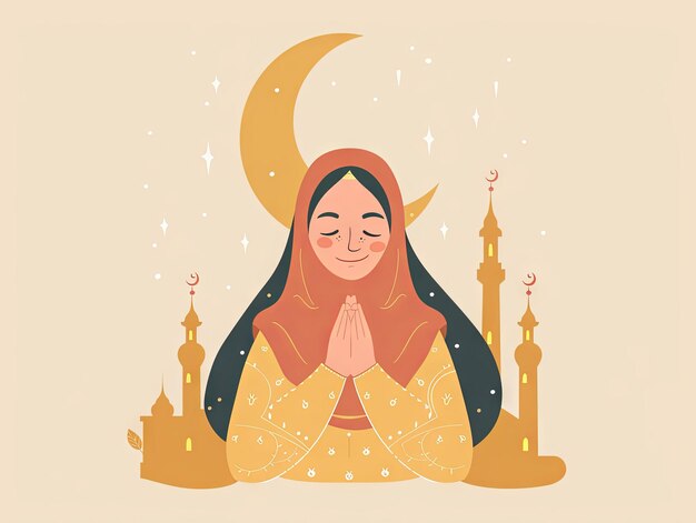 Ilustração Ramadan uma mulher muçulmana está orando na frente da mesquita