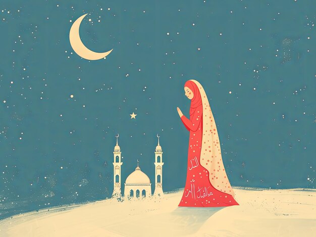 Ilustração Ramadan uma mulher muçulmana está orando na frente da mesquita