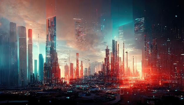 Ilustração raster da metrópole do futuro ao amanhecer Cores pastel vermelho e turquesa Torres de telecomunicações cyberpunk arranha-céus céu nublado rede global 3D arte fundo raster para negócios