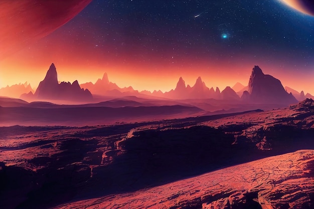 Ilustração raster da paisagem noturna do vale vermelho com montanhas e rochas Deserto de pedra superfície do planeta distante marte marciano céu estrelado estrela cometa seca fria ilustração de renderização 3D