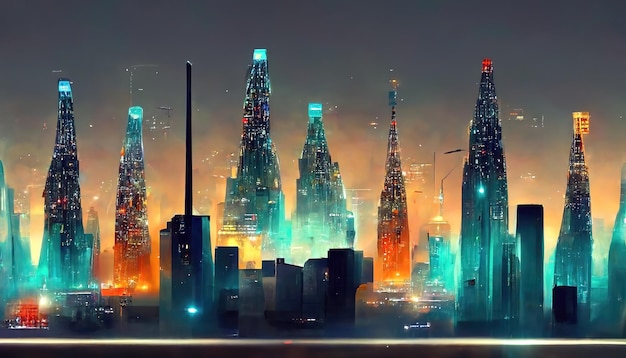 Ilustração raster da vista da metrópole noturna Arranha-céus com torres pontiagudas torres de comunicação célula neon luzes azuis turquesa tecnologia cyberpunk Conceito de cidade futura Arte em 3D