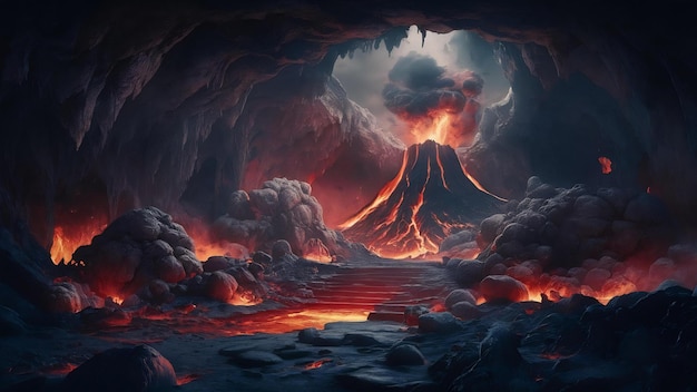 Foto ilustração raster de bela caverna na rocha caverna quente devido a magma e erupção vulcânica do vulcão