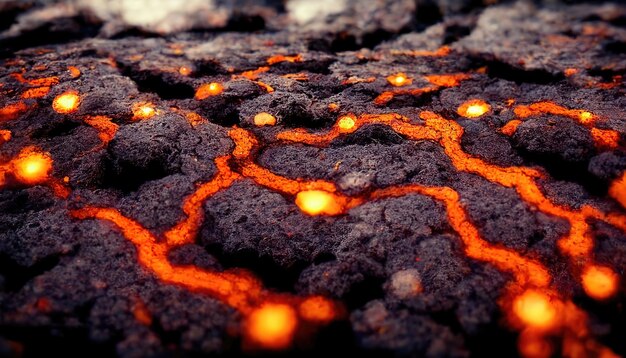 Ilustração raster de fratura da crosta de terra quente após uma erupção vulcânica Ignição de fogo de plasma Magma inflamação de dragão de terra queimada o elemento de fogo renderização em 3D