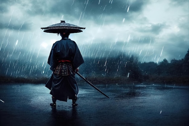 Ilustração raster de samurai ficar com espadas na chuva forte Um samurai coberto de sangue em um casaco cinza brande uma espada guerra batalhas artes marciais salpicos de água e sangue 3d artwork