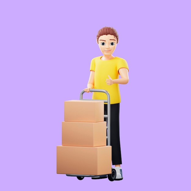 Ilustração raster de um homem carregando uma pilha de caixas em um carrinho e polegar para cima Jovem em uma camiseta amarela trabalha como carregador entrega encomendas apresentação entrega pedido de compra arte 3d