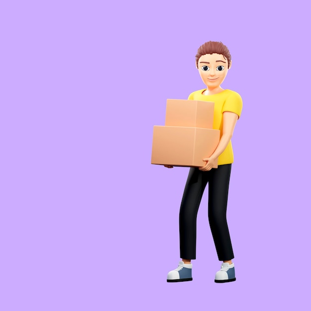 Ilustração raster do homem carrega uma caixa nas mãos Jovem com uma camiseta amarela trabalha como carregador entrega encomendas pós-entrega pedido de compra arte de renderização 3d para negócios