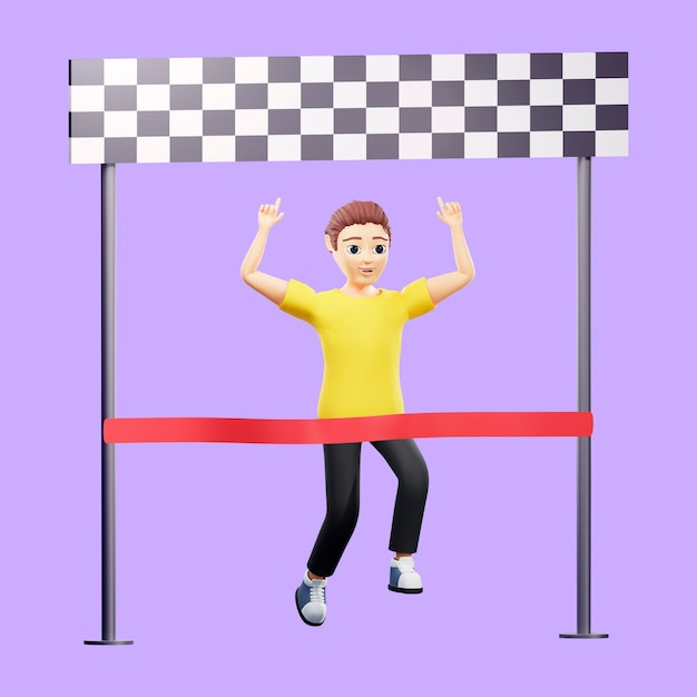 Ilustração raster do homem corre com as mãos para cima Um jovem de camiseta amarela corre primeiro para a linha de chegada corta a fita vermelha vence a competição se alegra com a vitória 3d render artwork