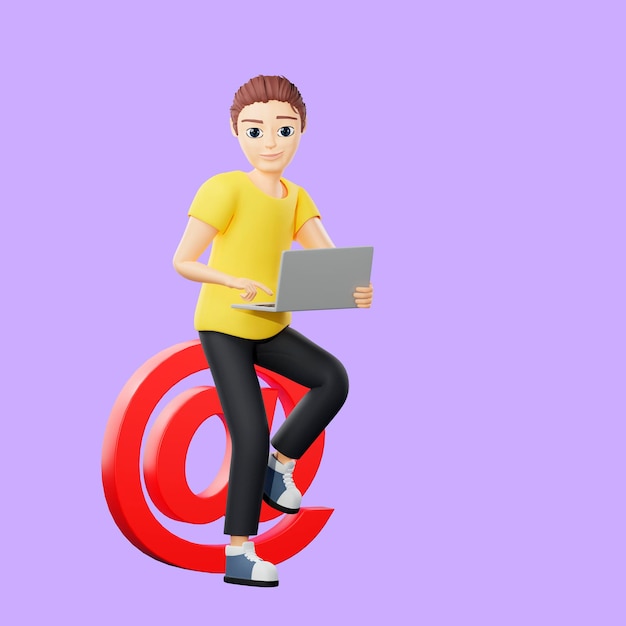 Ilustração raster do homem escreve um e-mail jovem em uma camiseta amarela segurando um laptop e digitando uma mensagem no correio no endereço entre em contato conosco arte de renderização 3d para negócios e publicidade