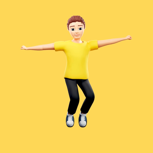 Ilustração raster do homem pula alto cara jovem em uma camiseta amarela pulando de alegria com os braços estendidos para os lados felicidade júbilo arte de renderização 3d para negócios e publicidade