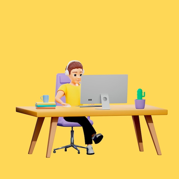 Ilustração raster do homem que trabalha na mesa do escritório Um jovem com uma camiseta amarela senta-se em um carro pé a pé em fones de ouvido com um telefone e bebida quente em uma caneca cacto 3d render arte