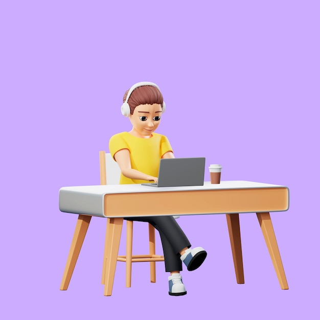 Ilustração raster do homem que trabalha na mesa do escritório Um jovem com uma camiseta amarela senta-se em uma cadeira em fones de ouvido com um telefone e bebe uma bebida quente em um copo de papelão arte de renderização em 3d