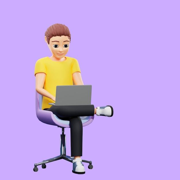 Ilustração raster do homem sentado na cadeira pé a pé e clica no computador jovem em uma camiseta amarela senta-se no laptop nigth trabalho relaxa redes sociais navegar na internet 3d artwork