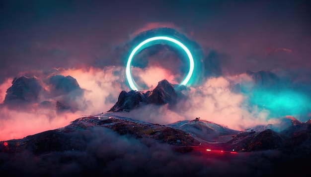 Ilustração raster do portal azul neon nas montanhas Nuvens cor-de-rosa fumam o teletransporte do vulcão para o mundo paralelo ficção de realismo mágico Paisagem do conceito de natureza ilustração de renderização em 3D