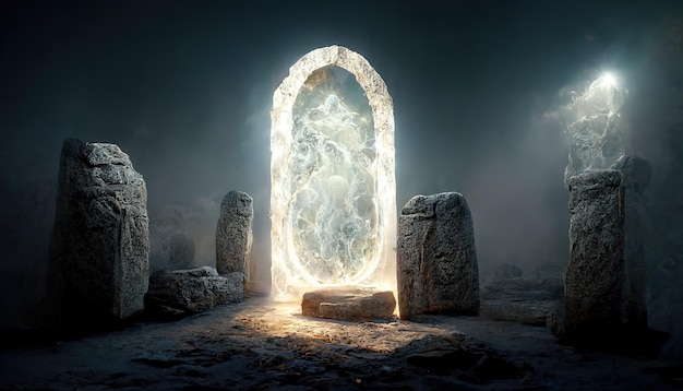 Ilustração raster do portal de pedra mágica com padrões abstratos e caminho escuro Lugar de realismo mágico para ritual e sacrifícios outro mundo teletransporte arquitetura antiga brilho renderização em 3D