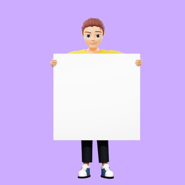 Ilustração rasterizada do homem segurando um lençol branco nas mãos jovem de camiseta amarela segura um papel enorme na frente dele uma inspiração de folha limpa pensamento criativo e inovador 3d render