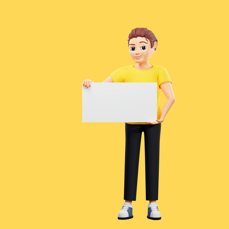 Foto ilustração rasterizada do homem segurando um lençol branco nas mãos jovem em uma camiseta amarela tem um formato de papel enorme de quatro na frente dele uma inspiração de folha limpa criativa pense em 3d render