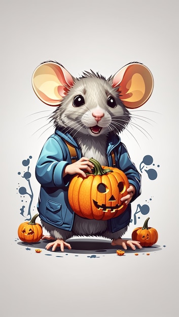 ilustração Rato kawaii brincando com uma pequena abóbora adesivo de vista lateral de Halloween fundo branco limpo