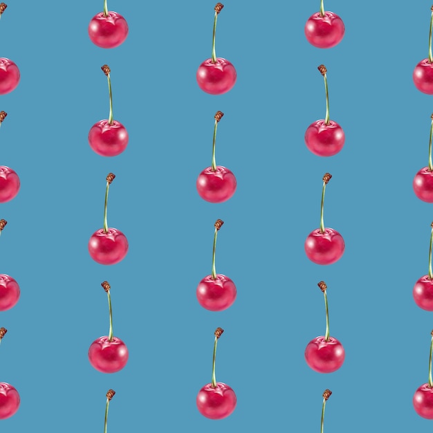 Ilustração realismo padrão sem costura cereja cereja vermelha em um fundo azul