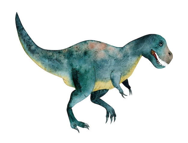 Ilustração realista de dinossauro tiranossauro em aquarela em cores marrons amarelas azuis