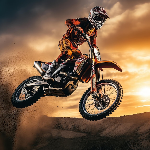 Ilustração realista de foto de piloto de motocross Generative AI Man capacete motocicleta poeira