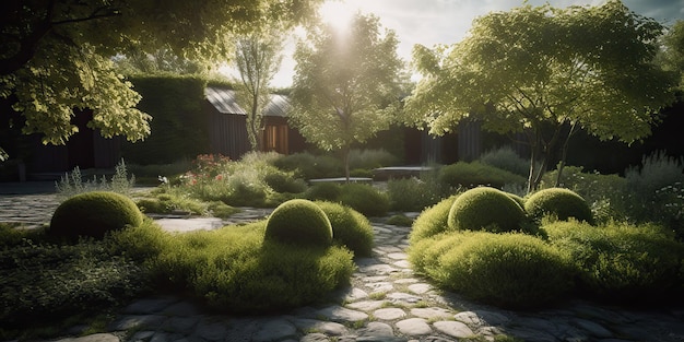 Ilustração realista de foto gerada por IA gerada por IA do jardim escandinavo de meditação calma e paz