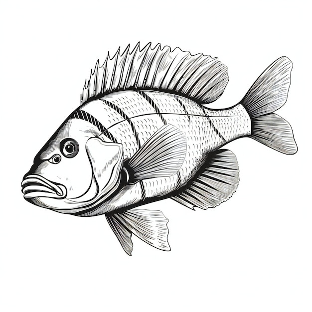Foto ilustração realista de peixe branco e preto desenhada à mão