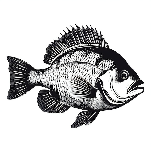 Ilustração realista de peixe branco e preto desenhada à mão