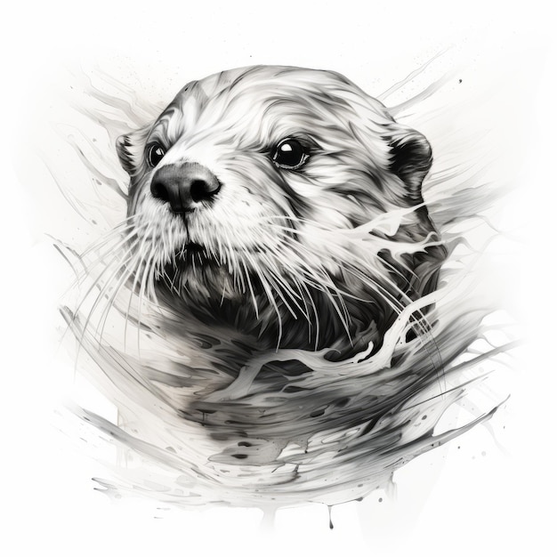 Ilustração realista de um retrato de lontra com salpicos de água