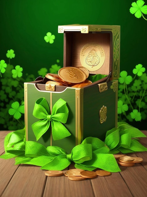 Foto ilustração realista de uma caixa de presente de luxo de st patrick irlandesa com uma moeda de ouro e um fundo de madeira