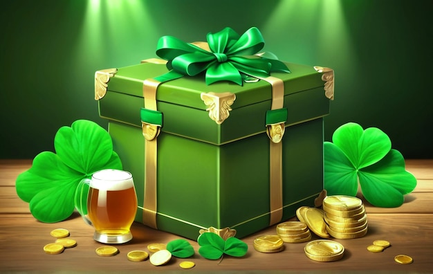 Ilustração realista de uma caixa de presente de luxo de St Patrick irlandesa com uma moeda de ouro e um fundo de madeira