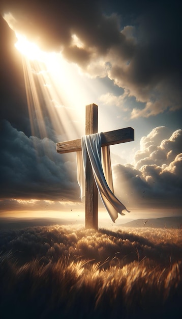 Ilustração realista de uma cruz de madeira com um pano branco coberto contra um céu dramático
