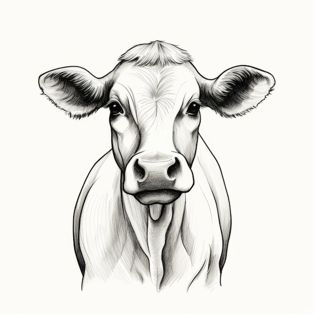 Ilustração realista de vaca em preto e branco com linhas fortes e expressão facial expressiva