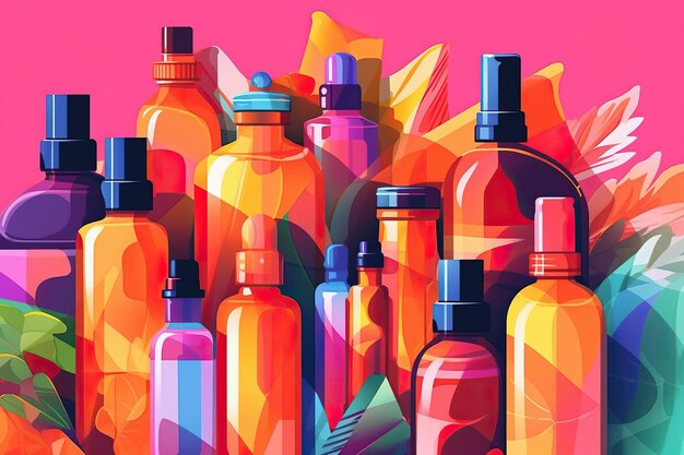 Foto ilustração realista de várias garrafas coloridas e recipientes cosméticos generative ai