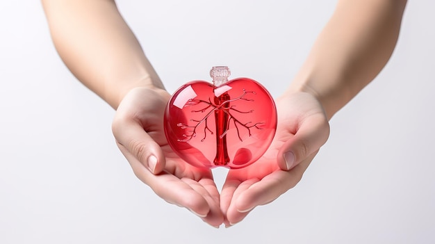 Ilustração realista do Dia Mundial da Doação de Órgãos com mãos segurando fígado Generative Ai