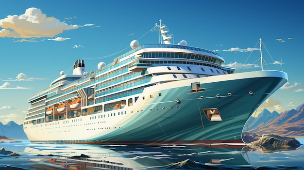 Ilustração realista em vetor de grande navio de cruzeiro branco no oceano ou mar isolado no fundo do céu azul