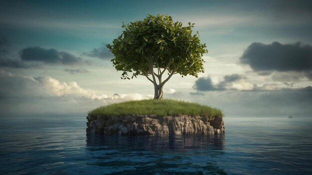 Foto ilustração renderizada de uma ilha com árvore flutuante