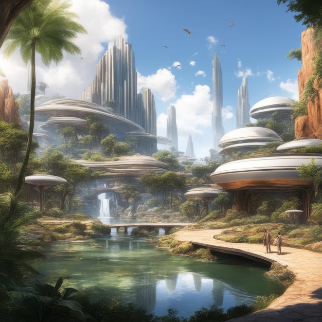 Ilustração renderizada em 3D da fantasia da cidade alienígena